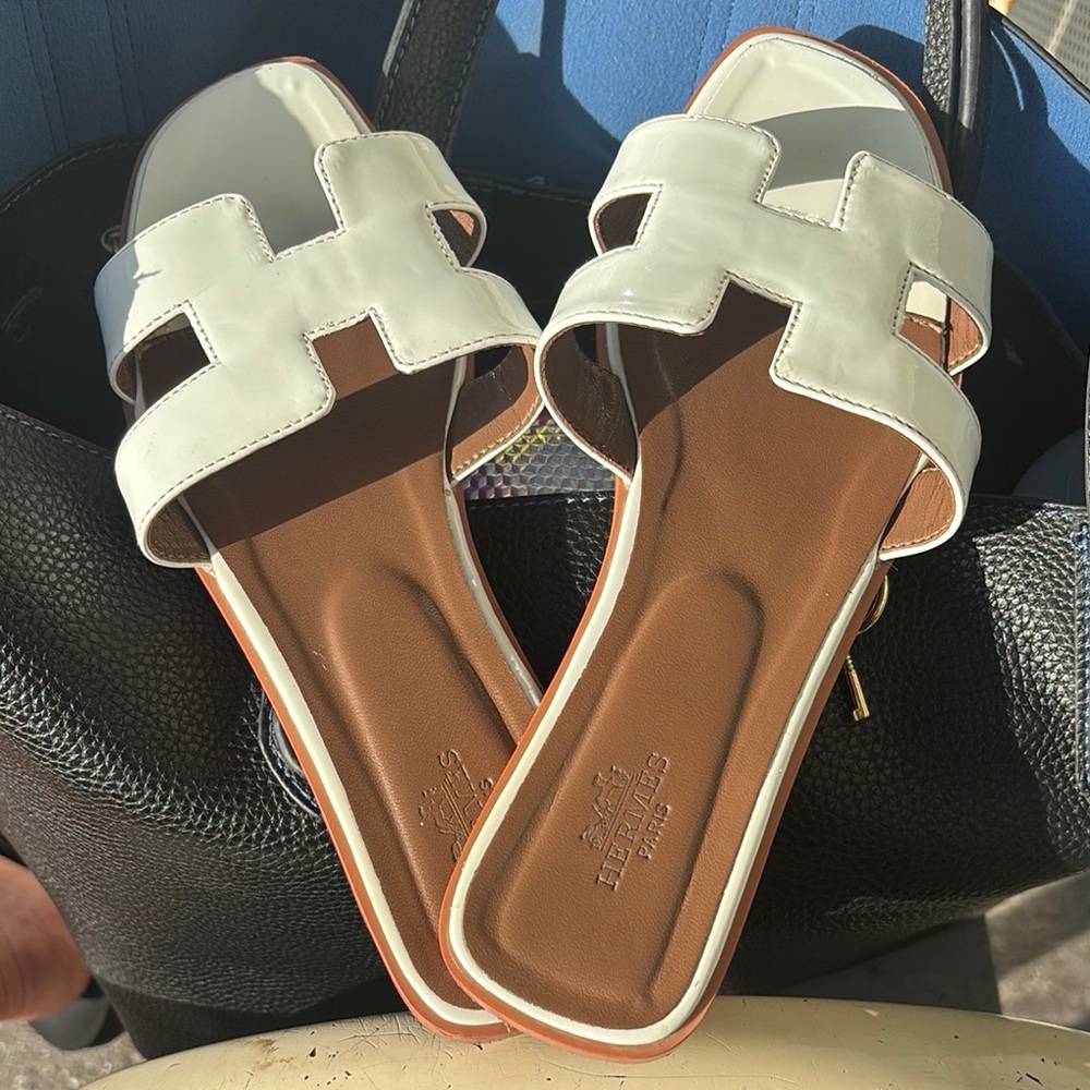 Hermes White and Brown Sandals with H-Shaped Design